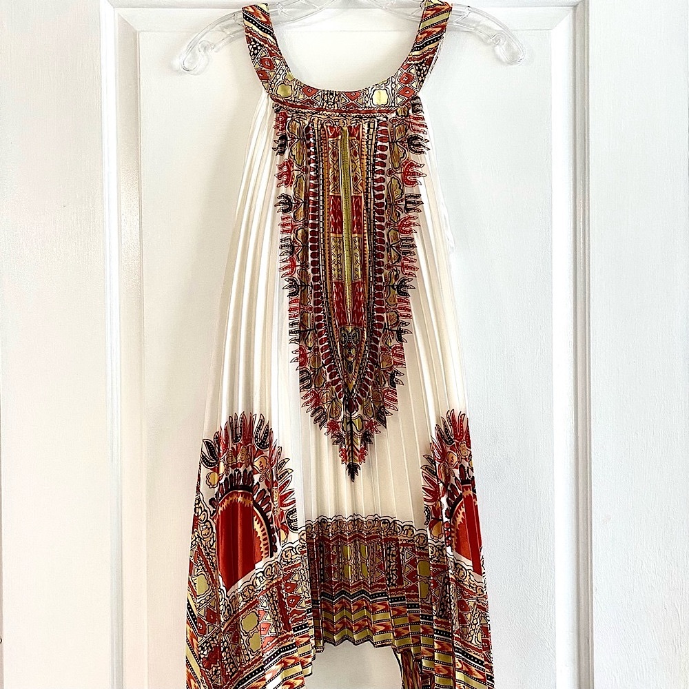 Pleated and Patterned Trapeze A-Line Sleeveless Halter Mini Dress + Top